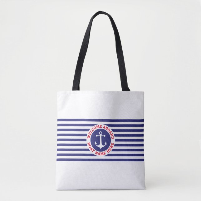 Nautical Anchor Design with Navy Stripes Tote Bag (Front)