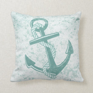 Nautical Anchor Distressed Aqua Beach Throw Pillow