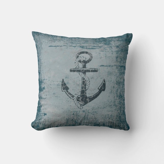 Nautical Anchor Distressed Blue Throw Pillow (Front)