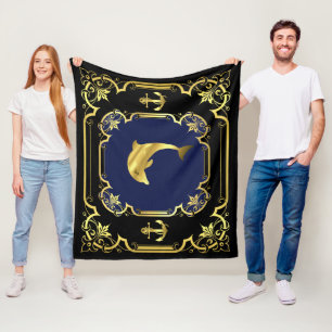 Nautical anchor/dolphin black/gold/blue fleece blanket