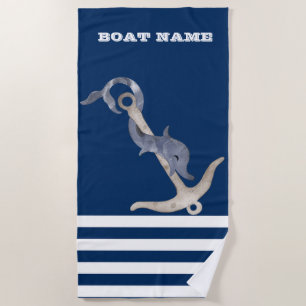 Nautical, Anchor Dolphin Navy Blue Striped Beach Towel