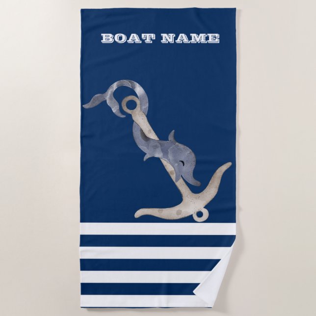 Nautical, Anchor Dolphin Navy Blue Striped  Beach Towel (Front)