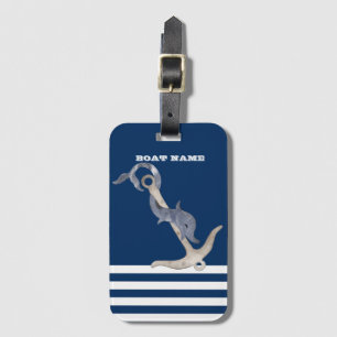 Nautical, Anchor Dolphin  Navy Blue Striped    Luggage Tag
