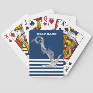 Nautical,Anchor Dolphin Navy Blue Striped  Playing Cards