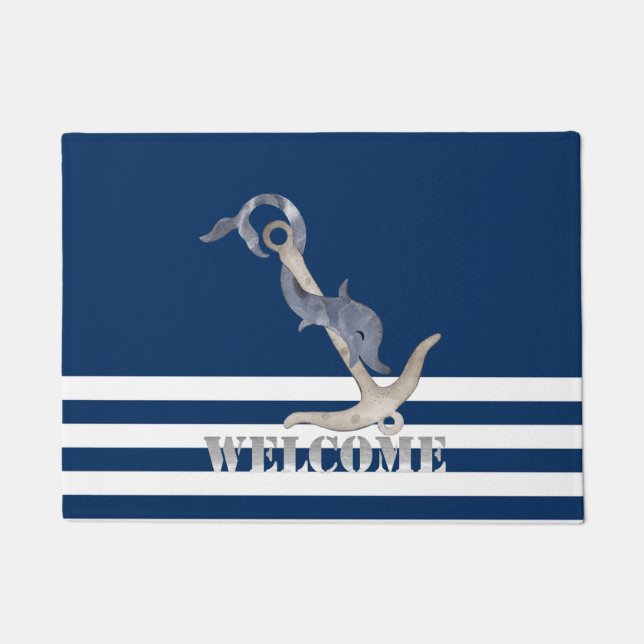 Nautical Anchor Dolphin Navy Blue Stripes Welcome  Doormat (Front)