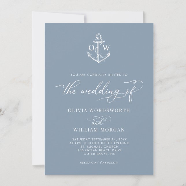 Nautical Anchor Dusty Blue Monogram Wedding Invitation (Front)