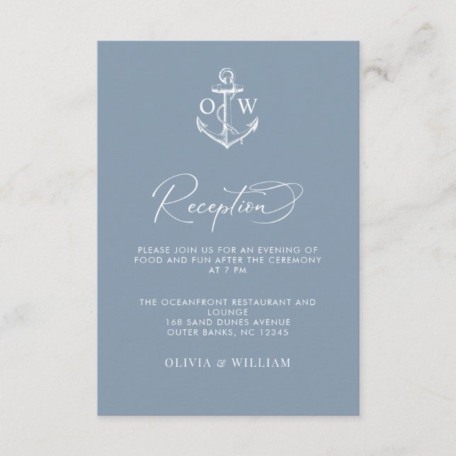 Nautical Anchor Dusty Blue Wedding Reception Enclosure Card (Front)