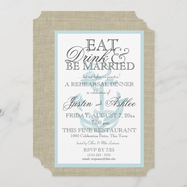 Nautical Anchor Eat Drink Married Rehearsal Dinner Invitation (Front/Back)