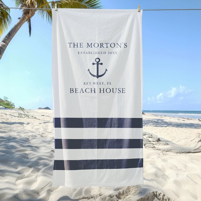Nautical Anchor Family Beach House Beach Towel (Nautical Hale Blue and Sea Salt Anchor Family Beach House Beach Towel)