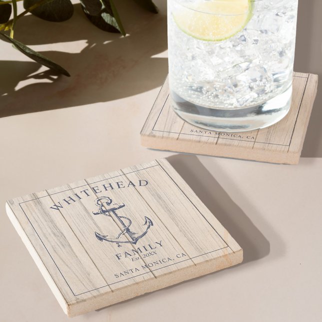 Nautical Anchor Family Monogram Stone Coaster (Stone Coaster with Rustic Wood Design adorned with a Nautical Anchor and Monogram)