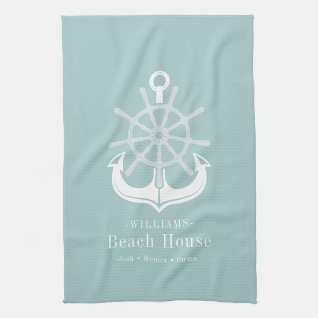 Nautical Anchor Family Name Beach House Tea Towel (Vertical)
