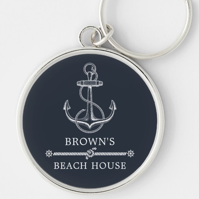 Nautical Anchor Family Name Beach or Lake House Key Ring (Front)