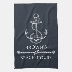 Nautical Anchor Family Name Beach or Lake House Tea Towel