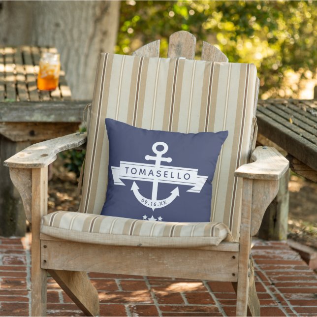 Nautical Anchor Family Name Date Navy Blue Stripes Cushion (Chair)