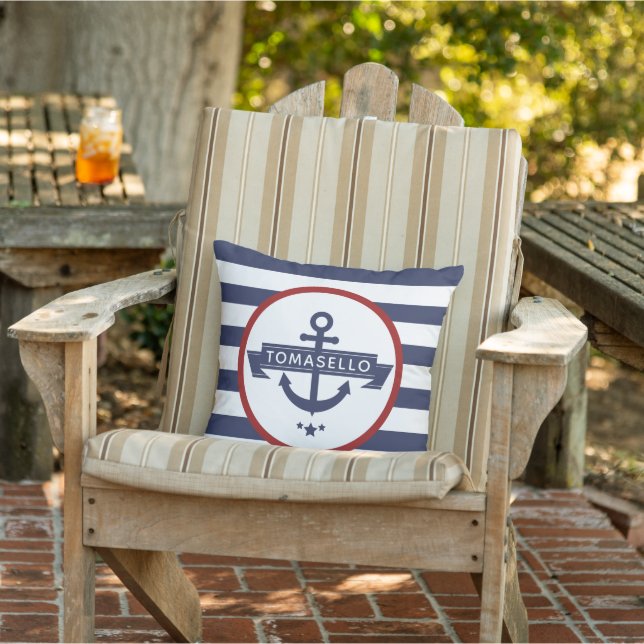 Nautical Anchor Family Name Navy Blue Stripes Cushion (Chair)