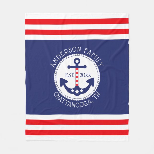 Nautical Anchor Family Name Patriotic Fleece Blanket (Front)