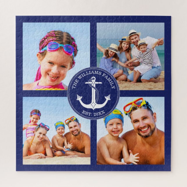 Nautical Anchor Family Photo Collage Blue Frame Jigsaw Puzzle (Vertical)