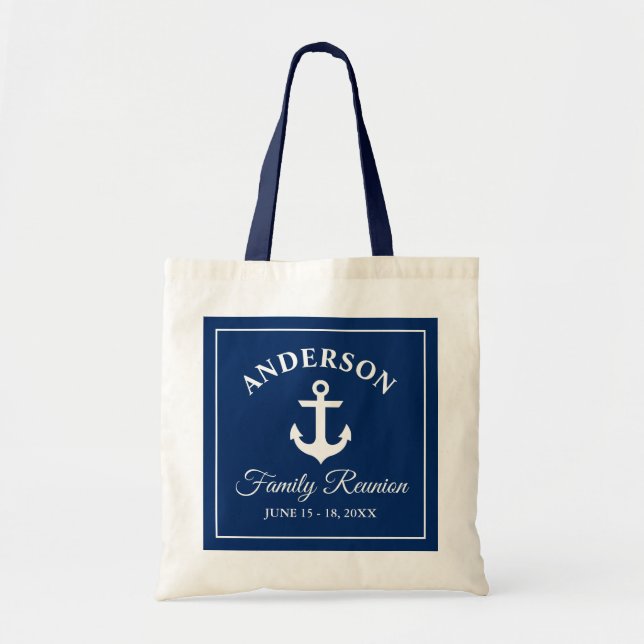 Nautical Anchor Family Reunion Blue Handle Tote Bag (Front)