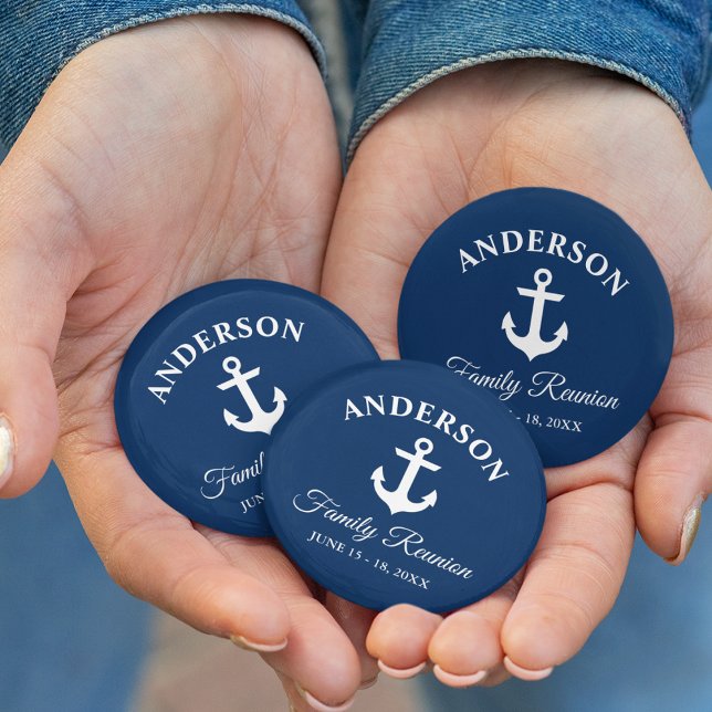 Nautical Anchor Family Reunion Navy Blue 6 Cm Round Badge (Customize to change text size,  text style or background color.)