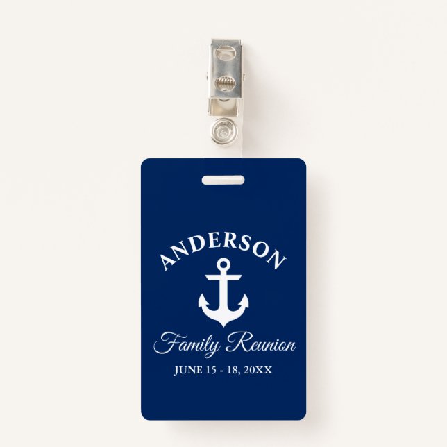 Nautical Anchor Family Reunion Navy Blue Clip ID Badge (Front with Clip)