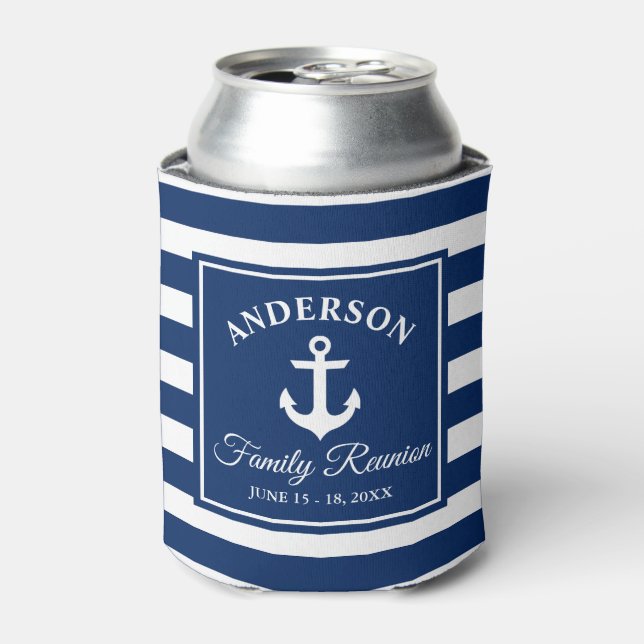 Nautical Anchor Family Reunion Navy Blue Striped Can Cooler (Can Front)