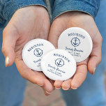 Nautical Anchor Family Reunion Navy Blue & White 6 Cm Round Badge<br><div class="desc">A nautical themed family reunion button, proudly displaying your family name, reunion date and location in elegant calligraphy script with stylish modern text. This design features artwork of a custom boat anchor with a compass style boarder in navy blue on white or easily customize the background to any desired color....</div>