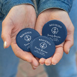 Nautical Anchor Family Reunion Navy Blue & White 6 Cm Round Badge<br><div class="desc">A nautical themed family reunion button, proudly displaying your family name, reunion date and location in elegant calligraphy script with stylish modern text. This design features artwork of a custom boat anchor with a compass style boarder in white on navy blue or easily customise the background to any desired colour....</div>