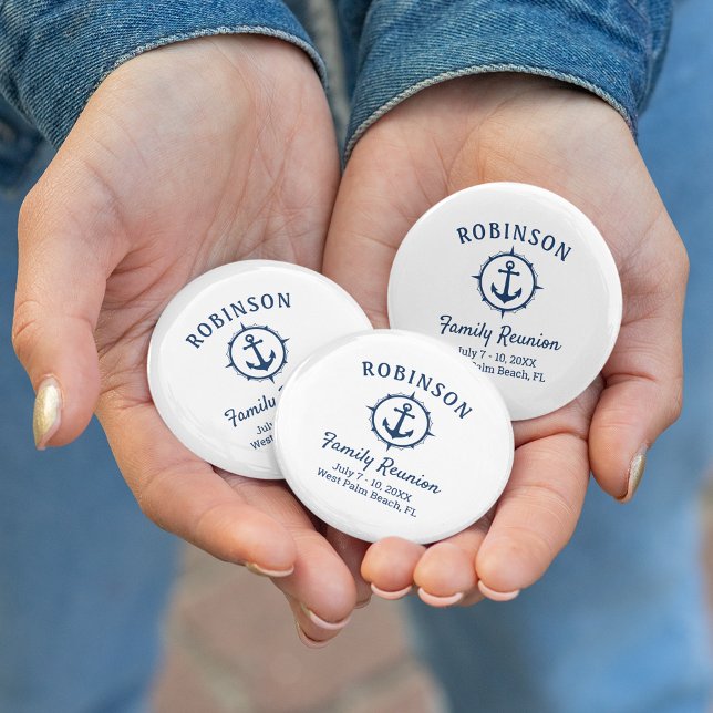 Nautical Anchor Family Reunion Navy Blue & White 6 Cm Round Badge (Several sizes and shapes to choose from.)