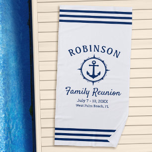Nautical Anchor Family Reunion Navy Blue & White Beach Towel