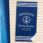 Nautical Anchor Family Reunion Navy Blue & White Beach Towel<br><div class="desc">Nautical themed family reunion beach towels, proudly displaying your family name, reunion date and location in elegant calligraphy script with stylish modern text. This design features artwork of a custom boat anchor with a compass style boarder in white on navy blue or easily customise the background to any desired colour....</div>