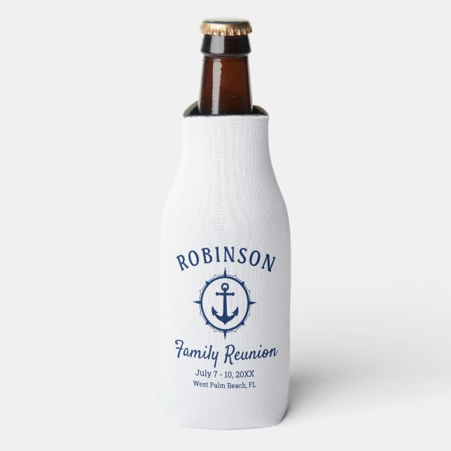 Nautical Anchor Family Reunion Navy Blue & White Bottle Cooler (Bottle Front)