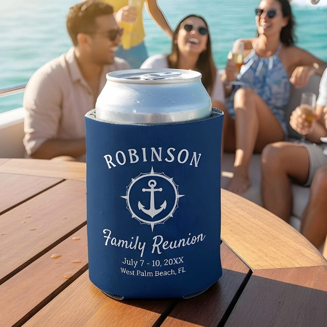 Nautical Anchor Family Reunion Navy Blue & White Can Cooler (Creator Uploaded)