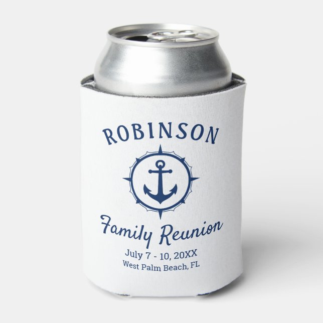 Nautical Anchor Family Reunion Navy Blue & White Can Cooler (Can Front)