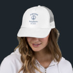 Nautical Anchor Family Reunion Navy Blue White Hat<br><div class="desc">A nautical themed family reunion hat proudly displaying your family name,  reunion date and location in elegant calligraphy script with stylish modern text. This design features artwork of a custom boat anchor with a compass style boarder in navy blue white with several bill colours to choose from.</div>