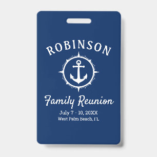 Nautical Anchor Family Reunion Navy Blue & White ID Badge