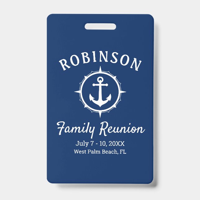 Nautical Anchor Family Reunion Navy Blue & White ID Badge (Front)