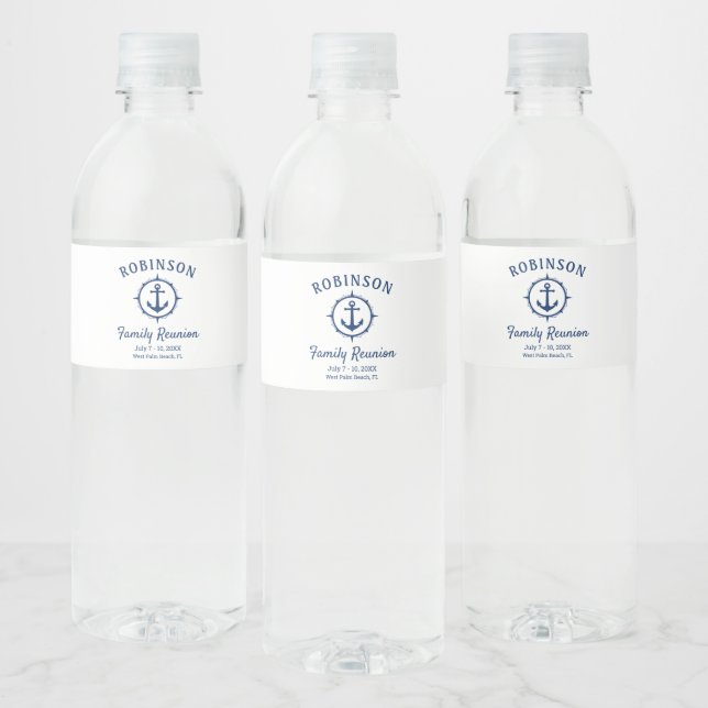 Nautical Anchor Family Reunion Navy Blue & White Water Bottle Label (Bottles)