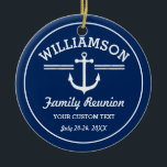 Nautical Anchor Family Reunion Trip Cruise Beach Ceramic Tree Decoration<br><div class="desc">The perfect design for a family reunion, trip, cruise or beach house, featuring a white anchor logo, vintage stripes and your name. Personalise further with 3 lines of custom text - add "Family Reunion, Family Trip, Cruise, Beach House name, location, date, etc. Change the background colour on some items by...</div>