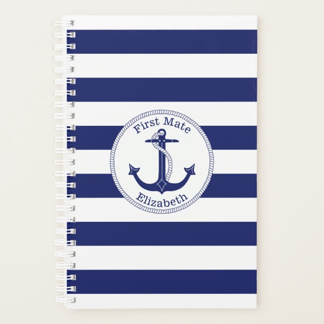 Nautical Anchor First Mate Navy Blue Stripe Planner (Front)