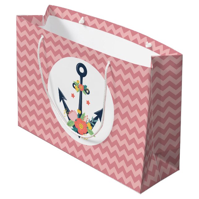 Nautical Anchor Floral Baby Girl Shower Party Large Gift Bag (Back Angled)