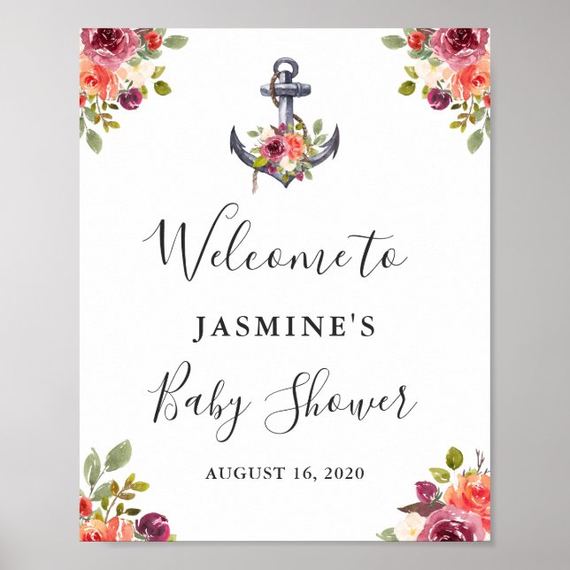 Nautical Anchor Floral Baby Shower Welcome Sign (Front)