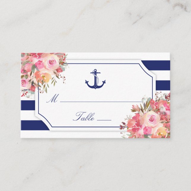 Nautical Anchor Floral Blue Stripe Wedding Place Card (Front)