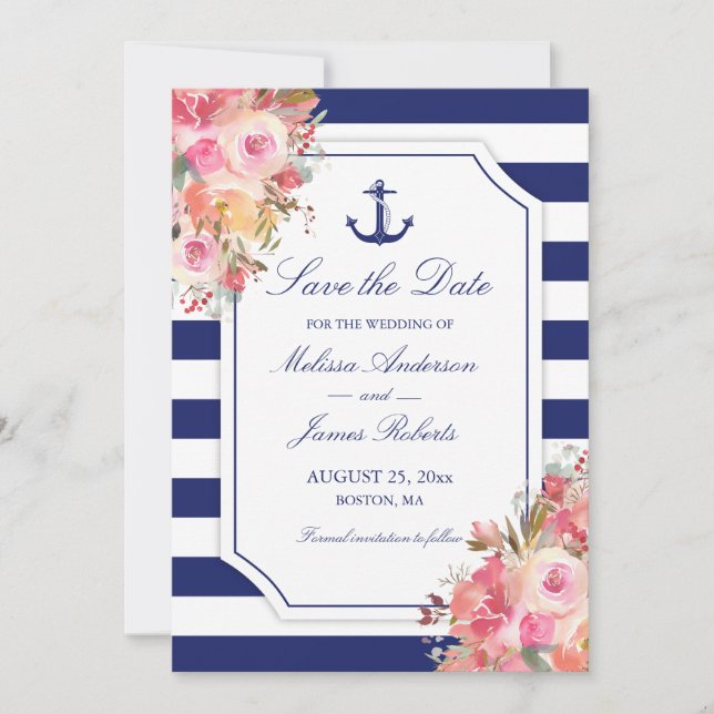Nautical Anchor Floral Blue Stripe Wedding Save The Date (Front)