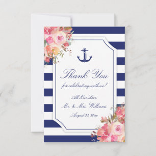 Nautical Anchor Floral Blue Stripe Wedding Thank You Card