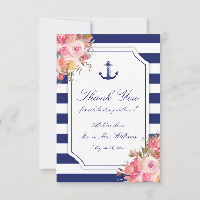 Nautical Anchor Floral Blue Stripe Wedding Thank You Card (Front)