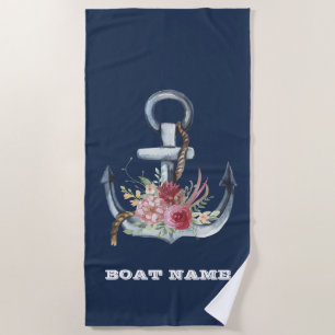Nautical Anchor Floral Boat Name Navy Blue Beach Towel