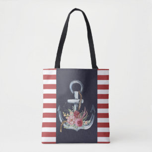 Nautical Anchor Floral, Navy Blue,Red Stripes Tote Bag