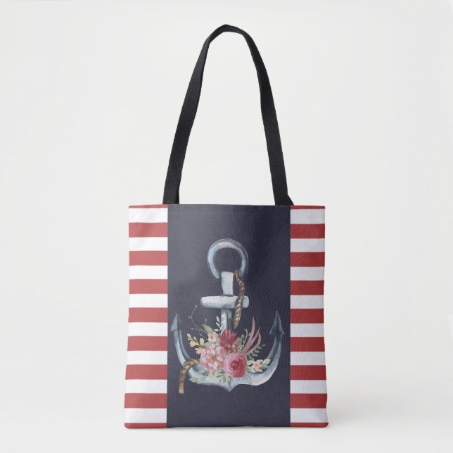 Nautical Anchor Floral, Navy Blue,Red Stripes  Tote Bag (Front)