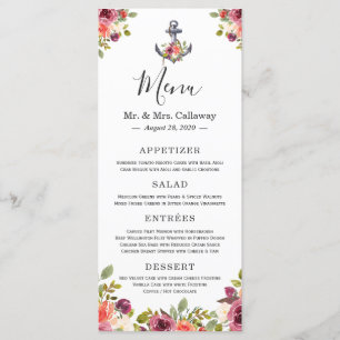Nautical Anchor Floral Navy Blue Wedding Menu