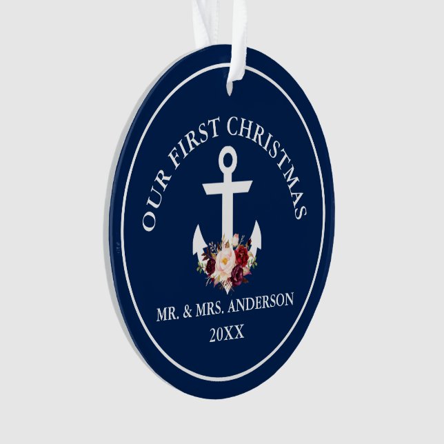 Nautical Anchor Floral Our First Christmas Blue Ornament (Front)